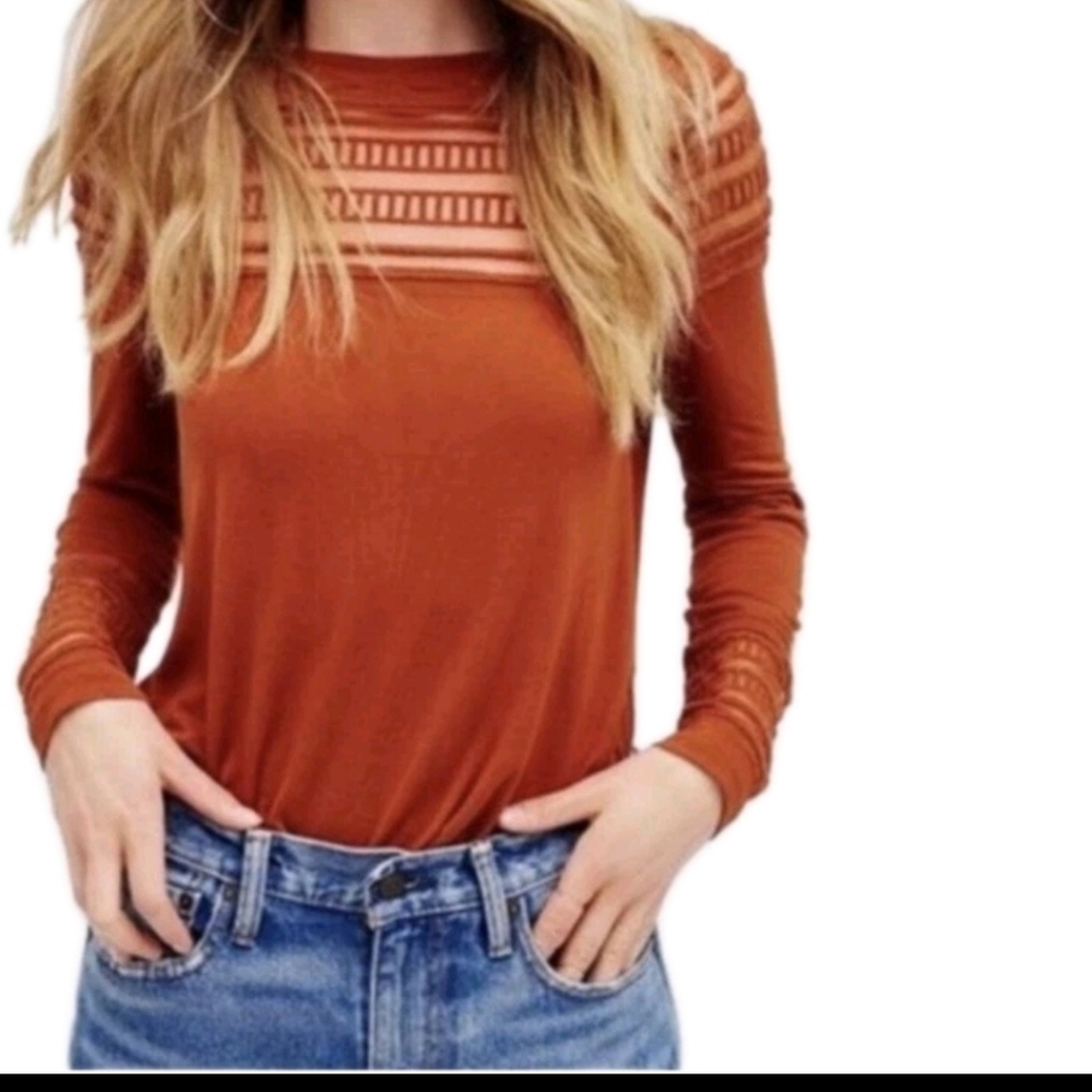 Free People Womens Brown Mesh Inset Tee Casual Trendy Long Sleeve Top S